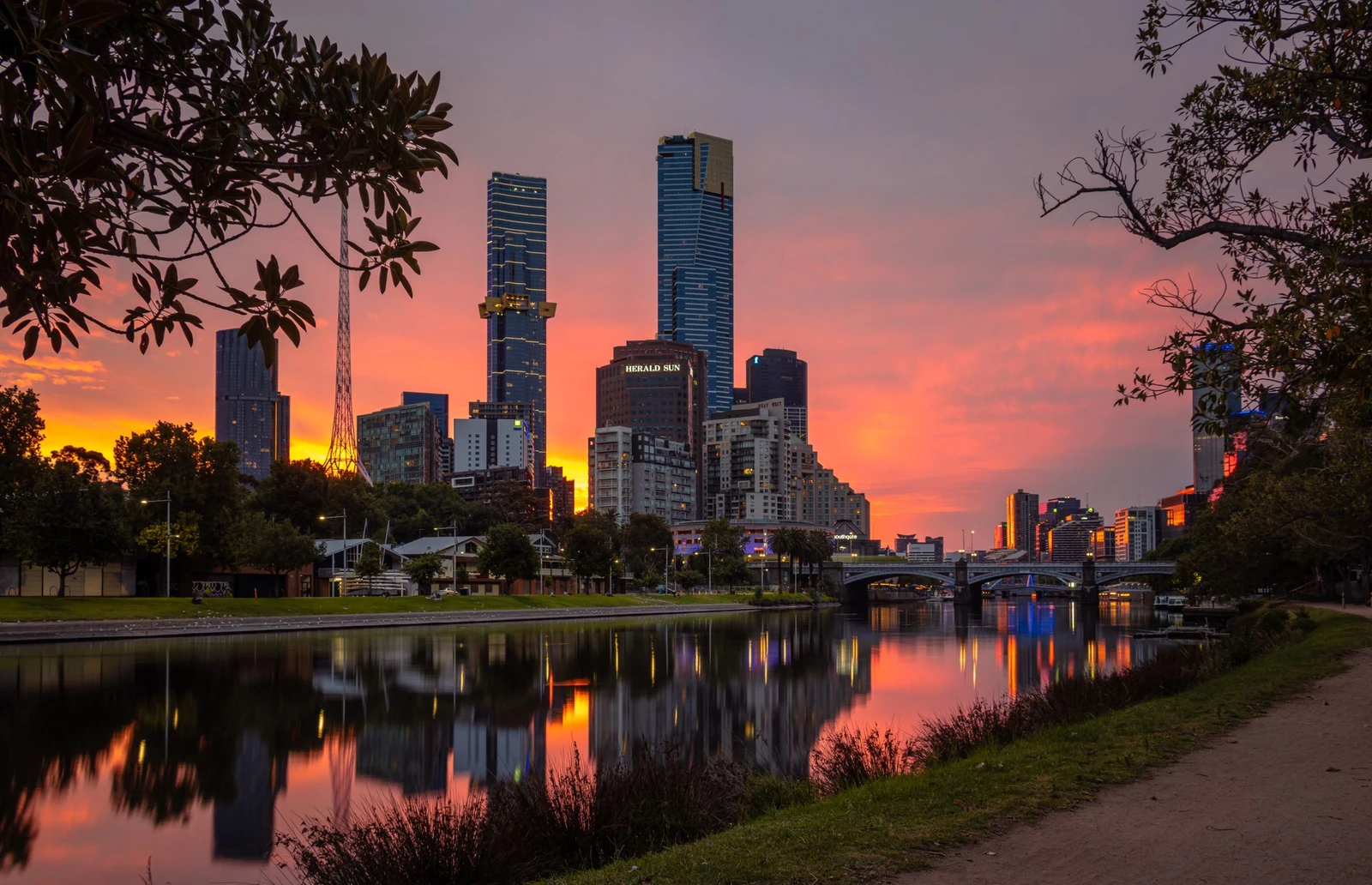 Melbourne skyline and the Yarra River at sunset