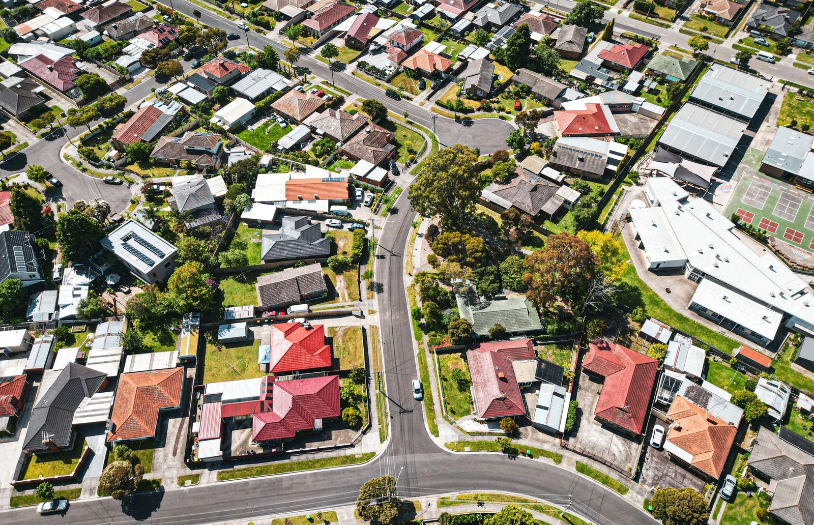 Aerial view of residential houses and streets in Melbourne, Australia